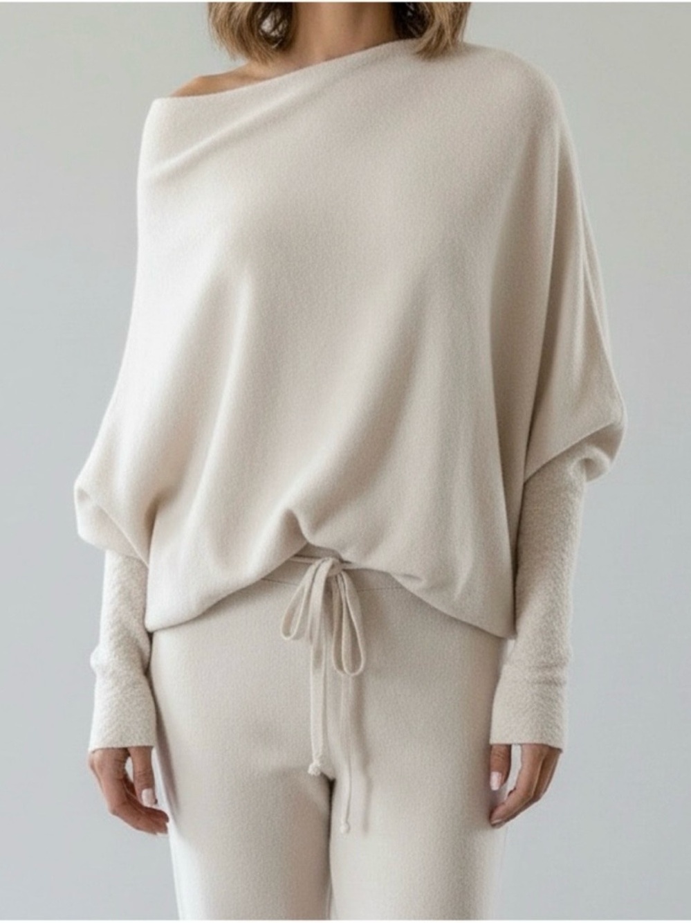 NEW JAKI LONDON Asymmetric Draped Knit Sweater, Light Beige, L/XL